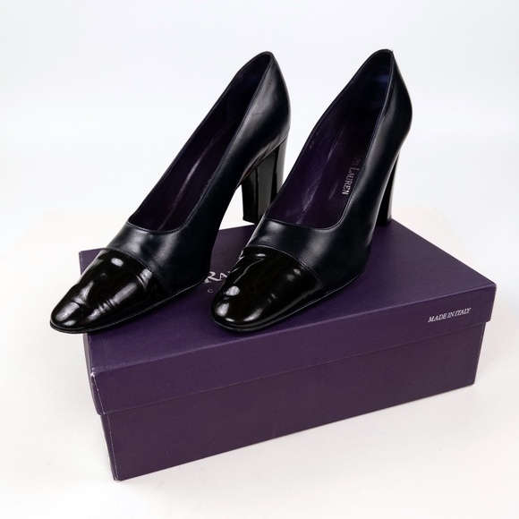Ralph Lauren Purple Label Navy Cap Toe Block Heel Pumps Heels - Picture 7 of 7